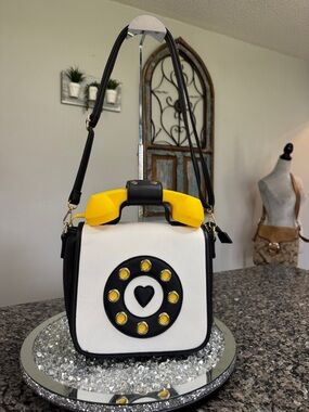 Bam Forever Retro White and Black Crossbody Bag with Yellow Handset Accent EUC